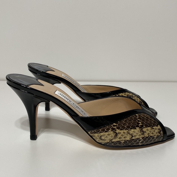 Jimmy Choo Black Patent Leather Snakeskin Sandal Kitten Open Toe Heels - Picture 4 of 13